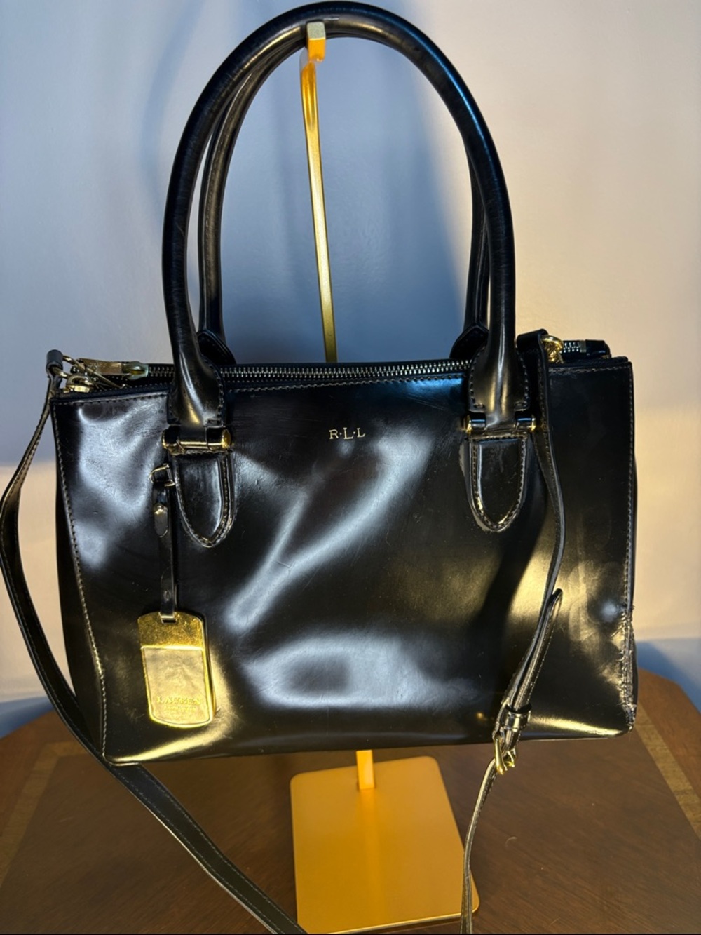 Ralph Lauren Black Patent Leather Tote Bag with Gold Hardware